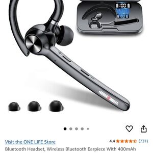 Black Bluetooth Headset with Over-Ear Hook and LCD Charging Case